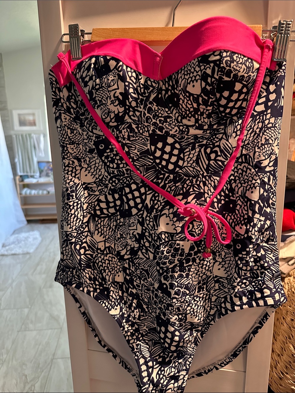 Lilly Pulitzer Navy, White & Hot Pink Strapless One-Piece Swim Bodysuit with Tie